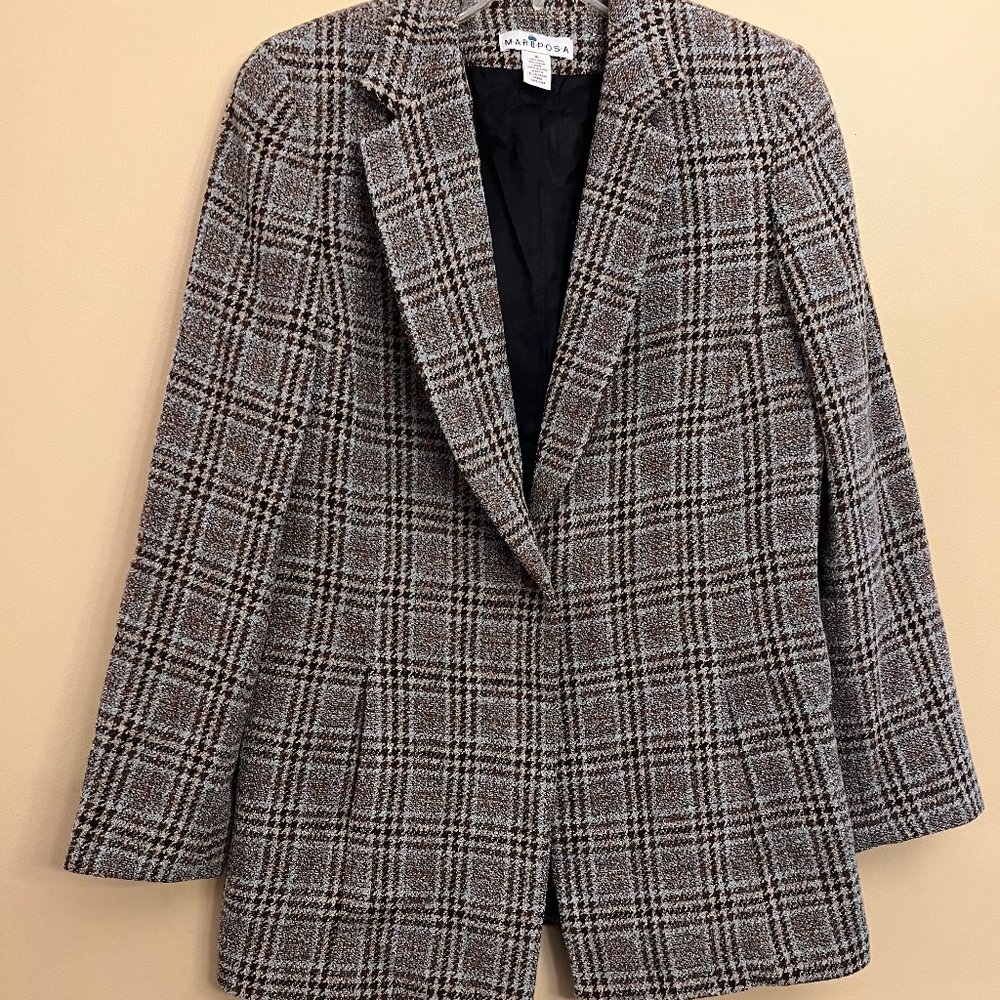 Mariposa Women's Plaid Jacket, Brown and Pale Blue one button Blazer Size 10